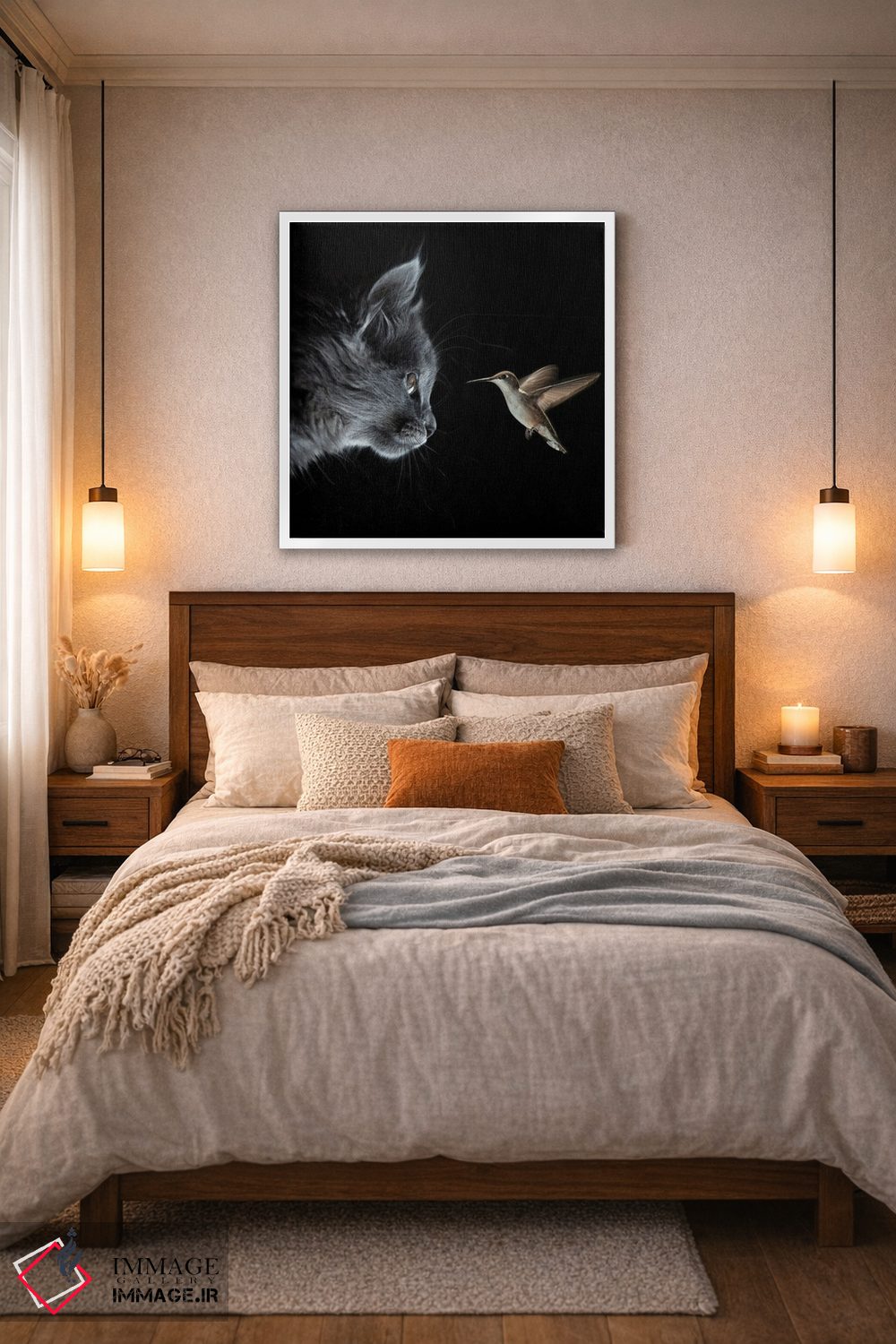 تابلو دکوراتیو گربه و مرغ مگس خوار در تاریکی ملاقات کردند اثر مایک کیف - D3W