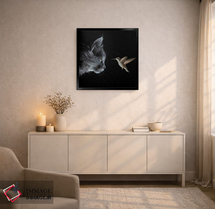 تابلو دکوراتیو گربه و مرغ مگس خوار در تاریکی ملاقات کردند اثر مایک کیف - D5B
