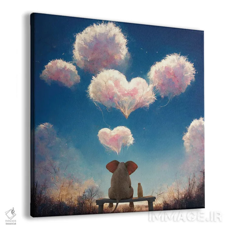 تابلو دکوراتیو فیل و سگ به ابرهای پف کرده نگاه می کنند ۲ اثر مایک کیف - نمای پرسپکتیو محصول