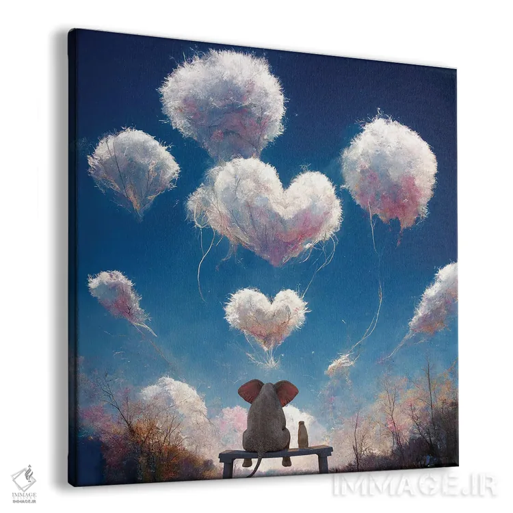 تابلو دکوراتیو فیل و سگ به ابرهای پف کرده نگاه می کنند اثر مایک کیف - نمای پرسپکتیو محصول