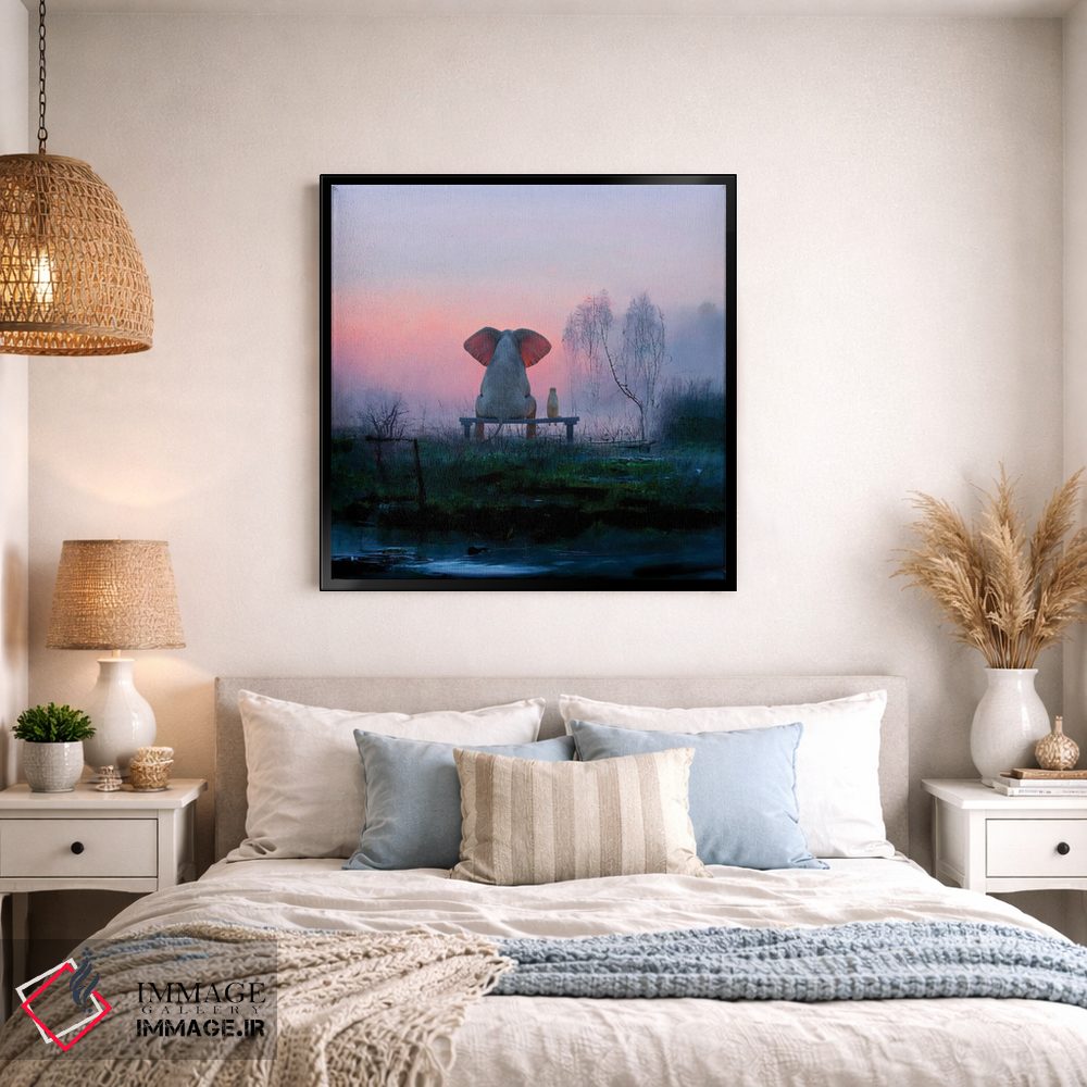 تابلو دکوراتیو فیل و سگ در چمنزاری مه آلود هنگام سپیده دم نشسته اند اثر مایک کیف - D1B