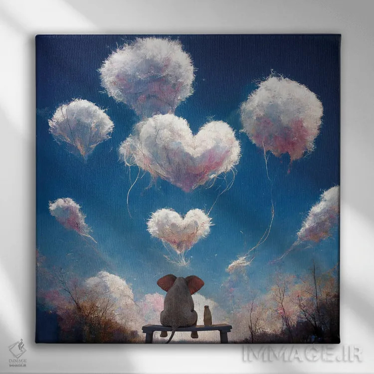 تابلو دکوراتیو فیل و سگ به ابرهای پف کرده نگاه می کنند اثر مایک کیف - نمای روبهرو روی دیوار
