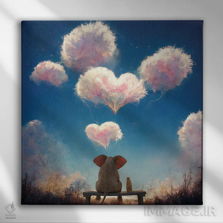 تابلو دکوراتیو فیل و سگ به ابرهای پف کرده نگاه می کنند ۲ اثر مایک کیف - نمای روبهرو روی دیوار