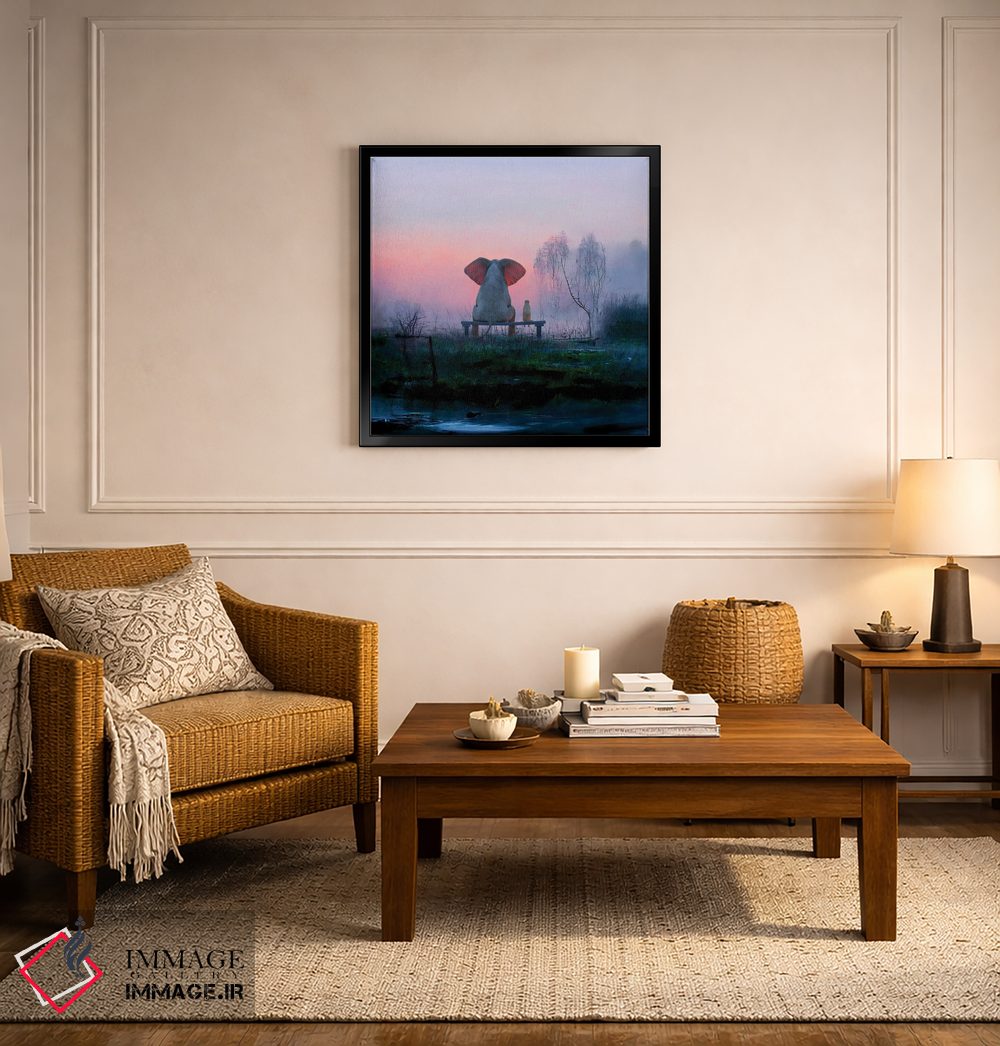 تابلو دکوراتیو فیل و سگ در چمنزاری مه آلود هنگام سپیده دم نشسته اند اثر مایک کیف - D5B