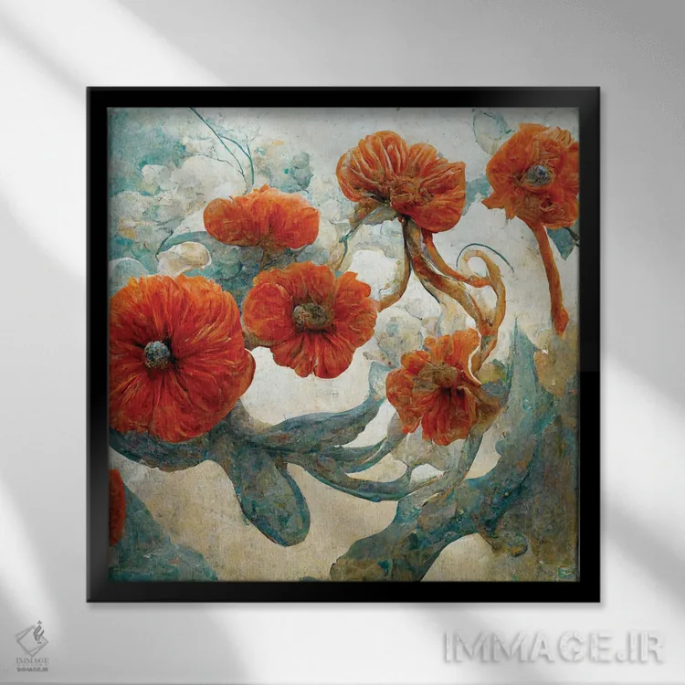 تابلو دکوراتیو گل های قرمز شگفت انگیز ۴ اثر مایک کیف - نمای قابدار مشکی
