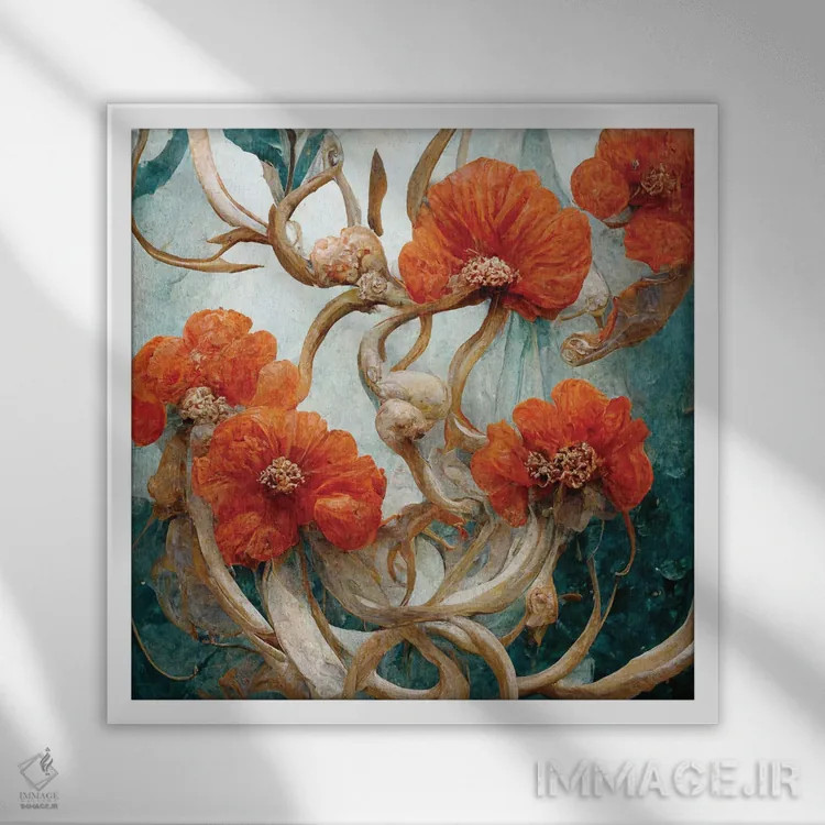 تابلو دکوراتیو گل های قرمز شگفت انگیز اثر مایک کیف - نمای قابدار سفید