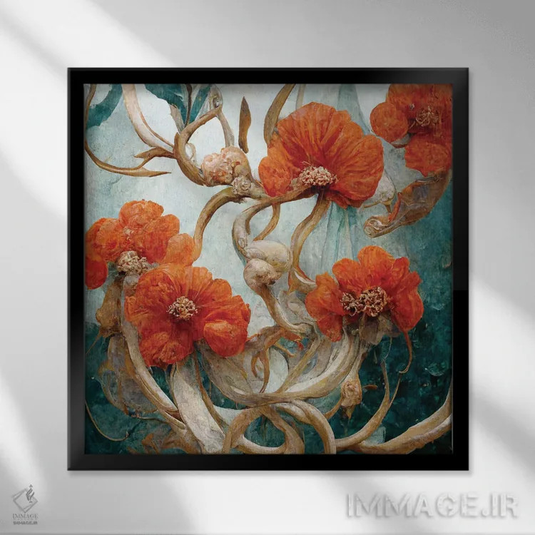 تابلو دکوراتیو گل های قرمز شگفت انگیز اثر مایک کیف - نمای قابدار مشکی