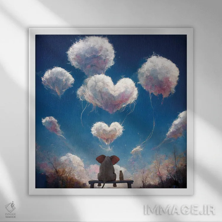 تابلو دکوراتیو فیل و سگ به ابرهای پف کرده نگاه می کنند اثر مایک کیف - نمای قابدار سفید