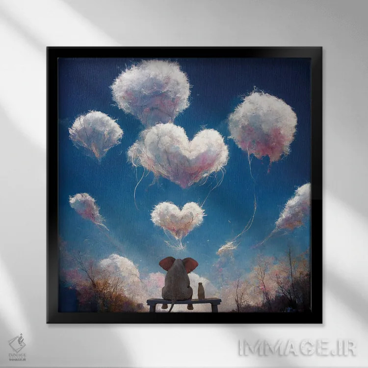 تابلو دکوراتیو فیل و سگ به ابرهای پف کرده نگاه می کنند اثر مایک کیف - نمای قابدار مشکی