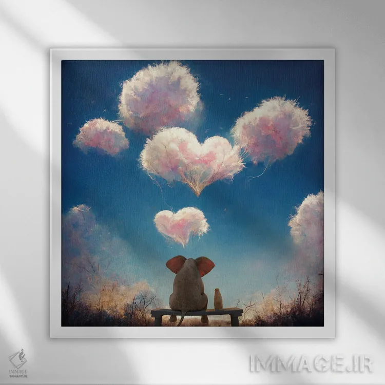 تابلو دکوراتیو فیل و سگ به ابرهای پف کرده نگاه می کنند ۲ اثر مایک کیف - نمای قابدار سفید