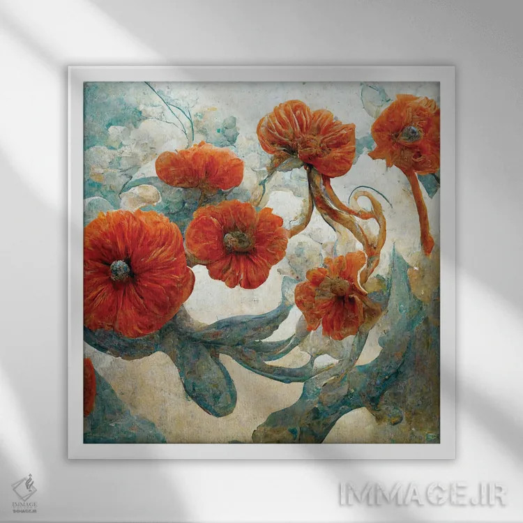 تابلو دکوراتیو گل های قرمز شگفت انگیز ۴ اثر مایک کیف - نمای قابدار سفید