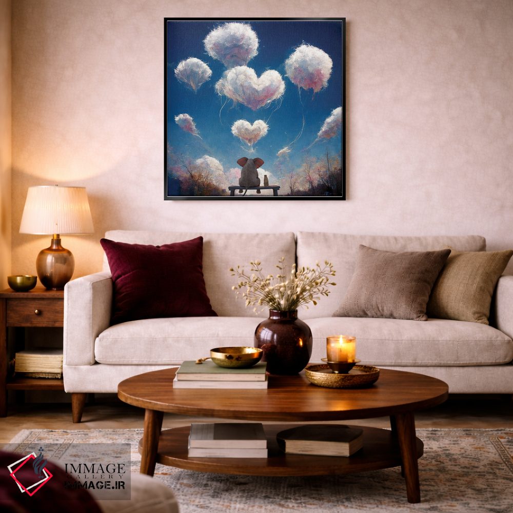 تابلو دکوراتیو فیل و سگ به ابرهای پف کرده نگاه می کنند اثر مایک کیف - D3B