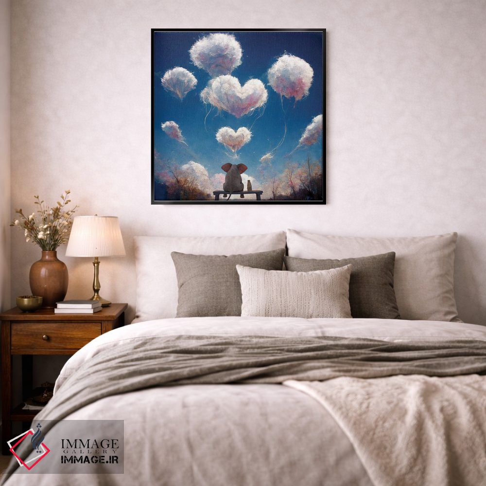 تابلو دکوراتیو فیل و سگ به ابرهای پف کرده نگاه می کنند اثر مایک کیف - D2B