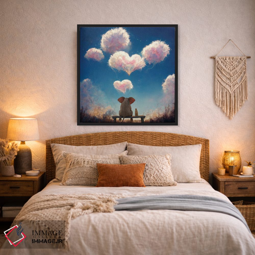 تابلو دکوراتیو فیل و سگ به ابرهای پف کرده نگاه می کنند ۲ اثر مایک کیف - D2B