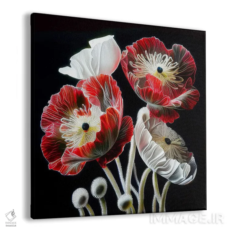 تابلو دکوراتیو گل شقایق قرمز روی زمینه سیاه اثر مایک کیف - نمای پرسپکتیو محصول