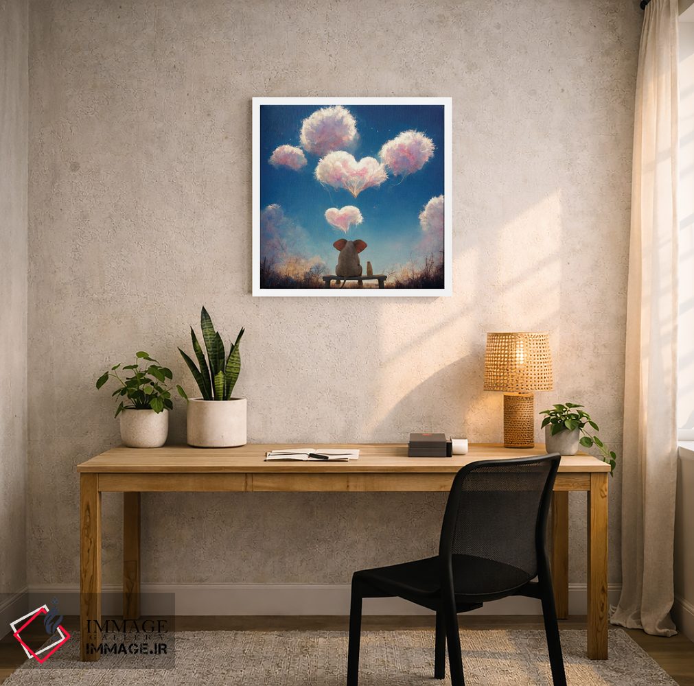 تابلو دکوراتیو فیل و سگ به ابرهای پف کرده نگاه می کنند ۲ اثر مایک کیف - D4W