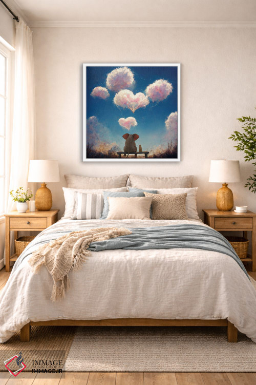 تابلو دکوراتیو فیل و سگ به ابرهای پف کرده نگاه می کنند ۲ اثر مایک کیف - D5W