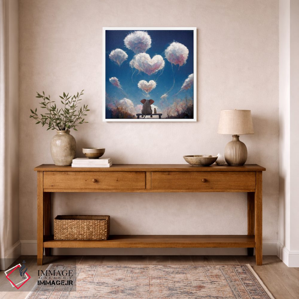 تابلو دکوراتیو فیل و سگ به ابرهای پف کرده نگاه می کنند اثر مایک کیف - D4W