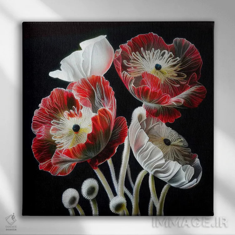 تابلو دکوراتیو گل شقایق قرمز روی زمینه سیاه اثر مایک کیف - نمای روبهرو روی دیوار