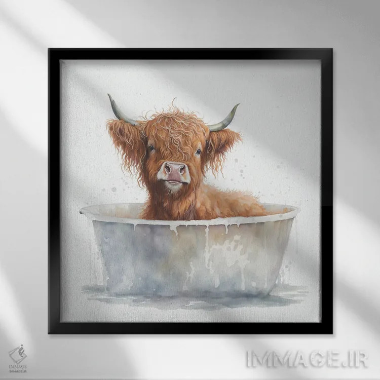 تابلو دکوراتیو شستن گاو هایلند ۱ اثر مایک کیف - نمای قابدار مشکی
