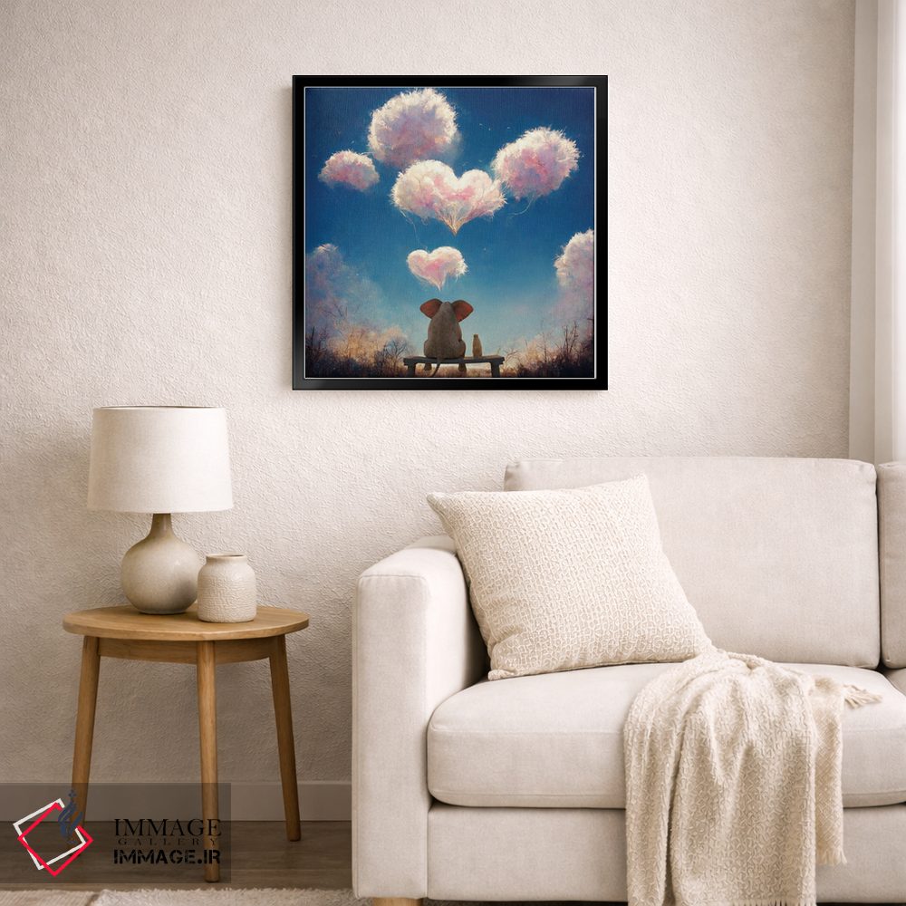 تابلو دکوراتیو فیل و سگ به ابرهای پف کرده نگاه می کنند ۲ اثر مایک کیف - D6B