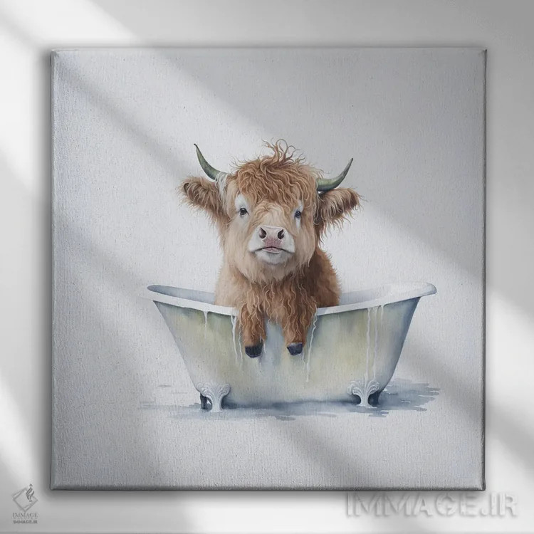تابلو دکوراتیو شستن گاو هایلند ۳ اثر مایک کیف - نمای روبهرو روی دیوار