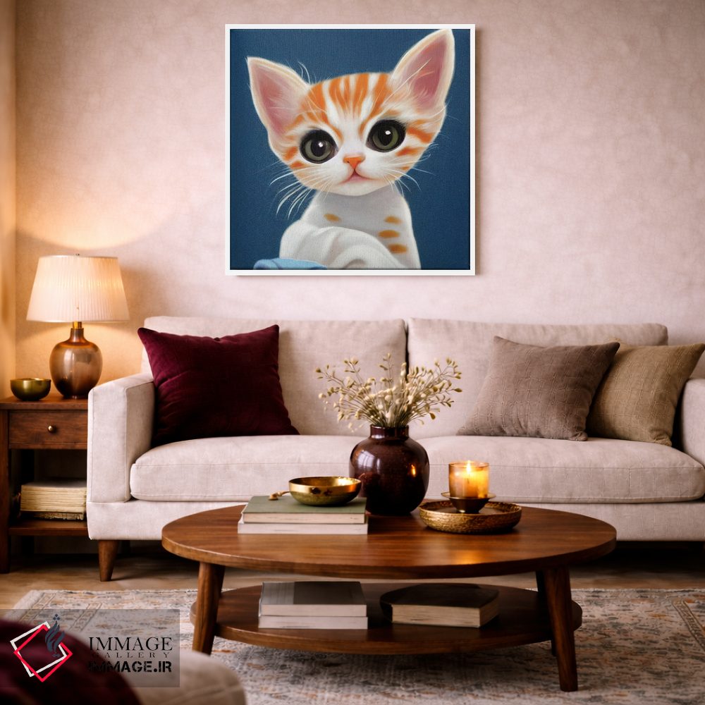 تابلو دکوراتیو گربه کوچک بانمک روی زمینه آبی اثر مایک کیف - D2W