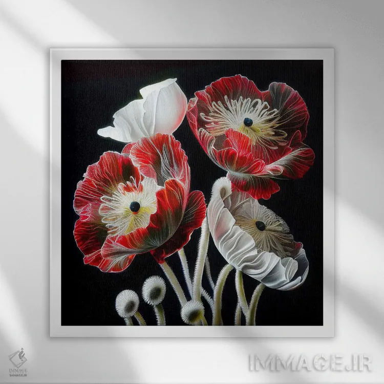 تابلو دکوراتیو گل شقایق قرمز روی زمینه سیاه اثر مایک کیف - نمای قابدار سفید