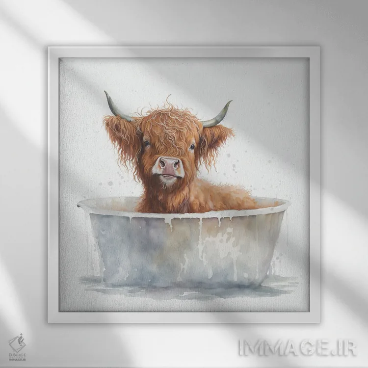 تابلو دکوراتیو شستن گاو هایلند ۱ اثر مایک کیف - نمای قابدار سفید