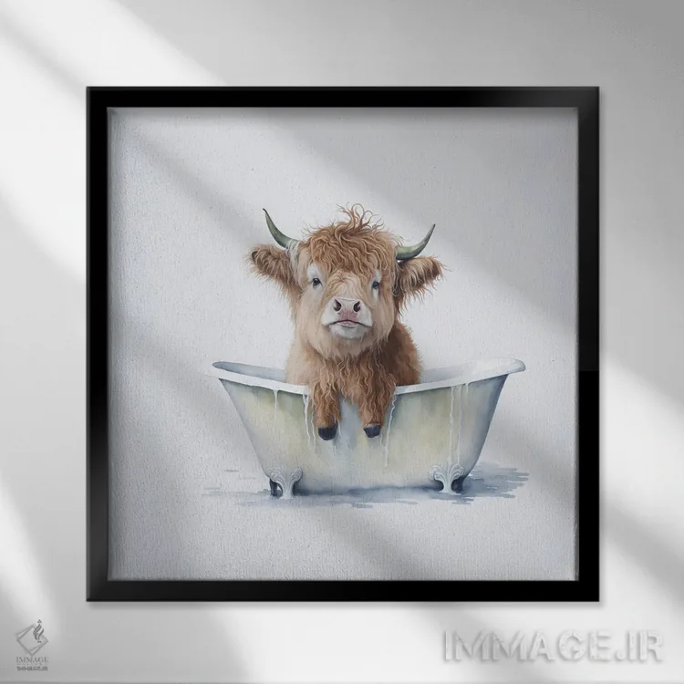 تابلو دکوراتیو شستن گاو هایلند ۳ اثر مایک کیف - نمای قابدار مشکی