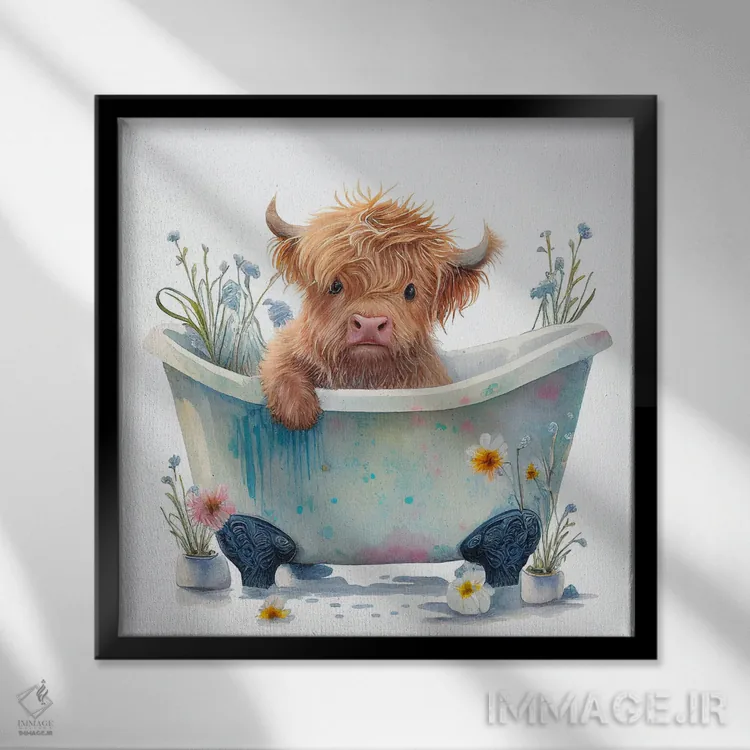 تابلو دکوراتیو شستن گاو هایلند ۲ اثر مایک کیف - نمای قابدار مشکی
