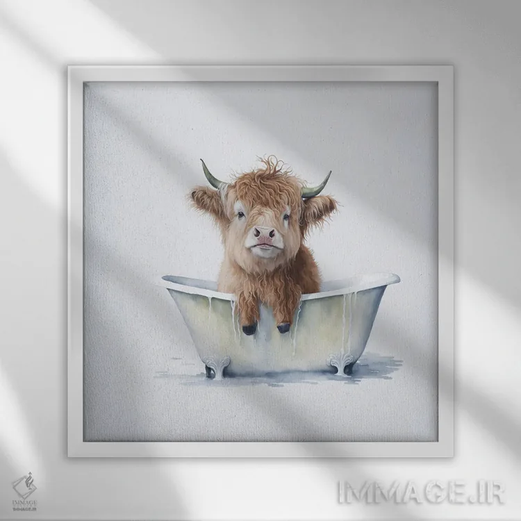 تابلو دکوراتیو شستن گاو هایلند ۳ اثر مایک کیف - نمای قابدار سفید