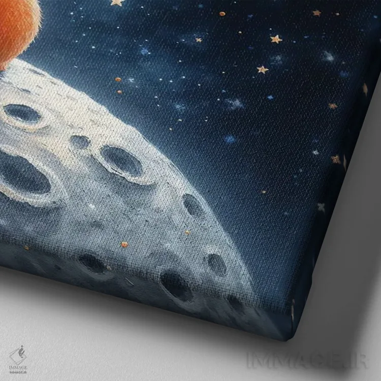 تابلو دکوراتیو فیل نارنجی و سگ روی ماه نشسته اند اثر مایک کیف - نمای نزدیک بافت بوم