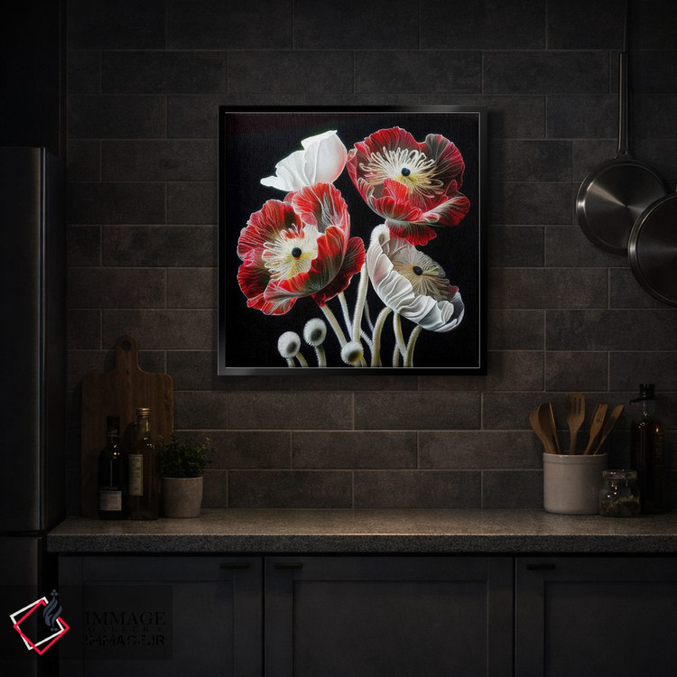 تابلو دکوراتیو گل شقایق قرمز روی زمینه سیاه اثر مایک کیف - D2B