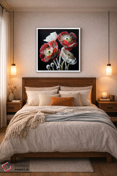 تابلو دکوراتیو گل شقایق قرمز روی زمینه سیاه اثر مایک کیف - D5W