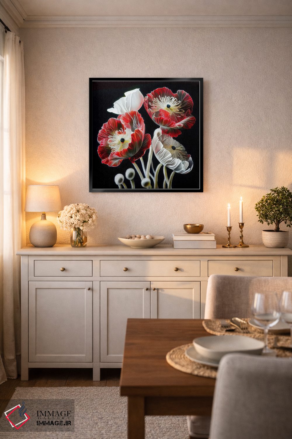 تابلو دکوراتیو گل شقایق قرمز روی زمینه سیاه اثر مایک کیف - D6B
