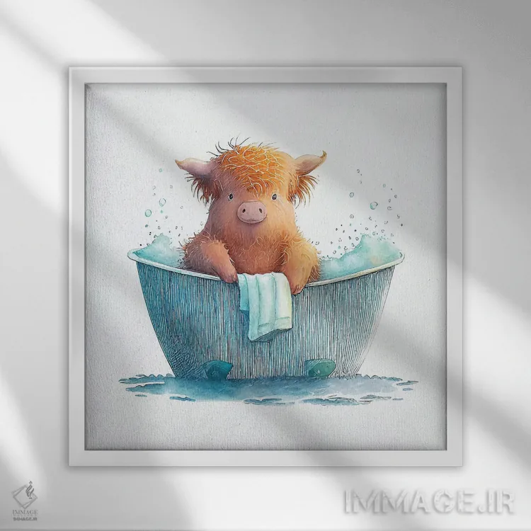 تابلو دکوراتیو شستن گاو کوچک هایلند اثر مایک کیف - نمای قابدار سفید