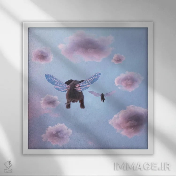 تابلو دکوراتیو فیل و سگ در آسمان پرواز می کنند اثر مایک کیف - نمای قابدار سفید