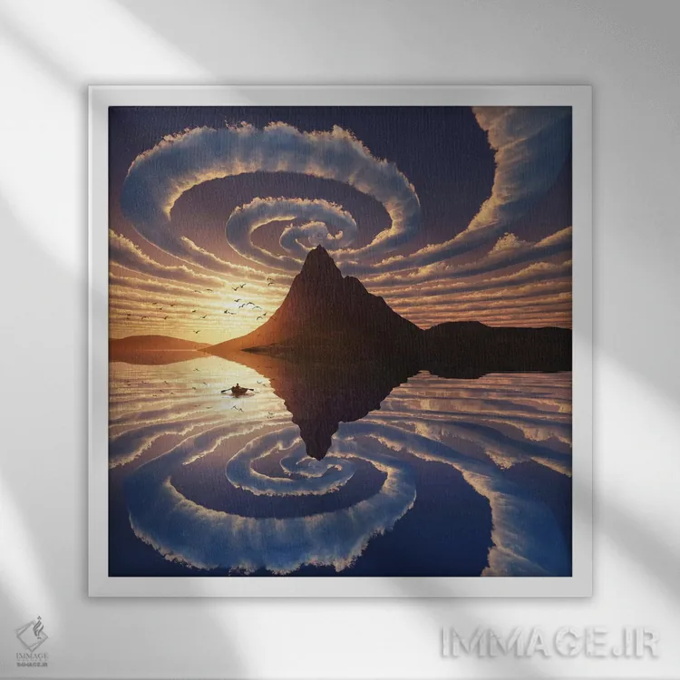 تابلو دکوراتیو ابرهای مارپیچ بر فراز قله کوه اثر مایک کیف - نمای قابدار سفید