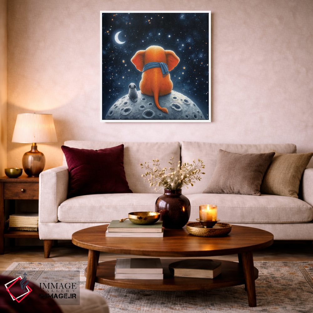 تابلو دکوراتیو فیل نارنجی و سگ روی ماه نشسته اند اثر مایک کیف - D3W