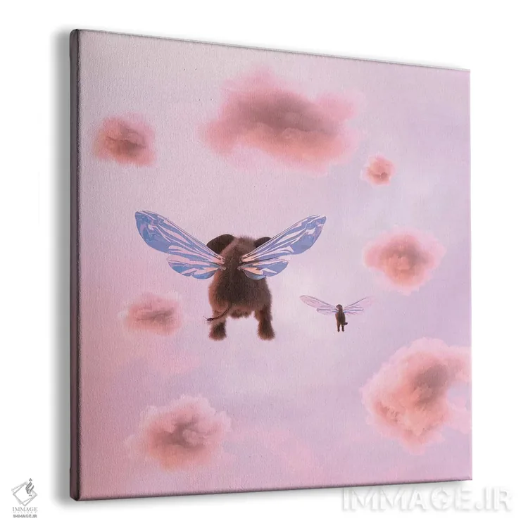 تابلو دکوراتیو فیل و سگ در میان ابرها پرواز می کنند اثر مایک کیف - نمای پرسپکتیو محصول