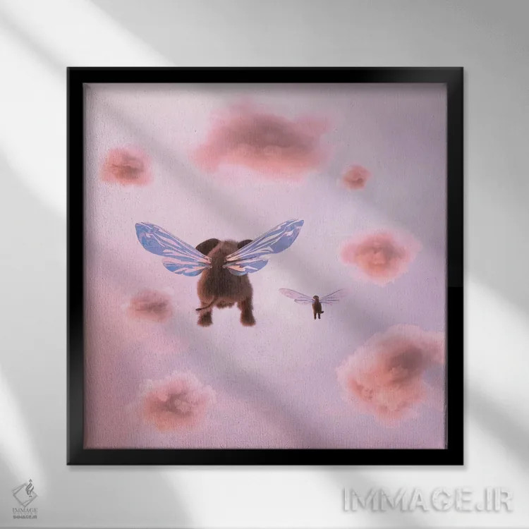 تابلو دکوراتیو فیل و سگ در میان ابرها پرواز می کنند اثر مایک کیف - نمای قابدار مشکی