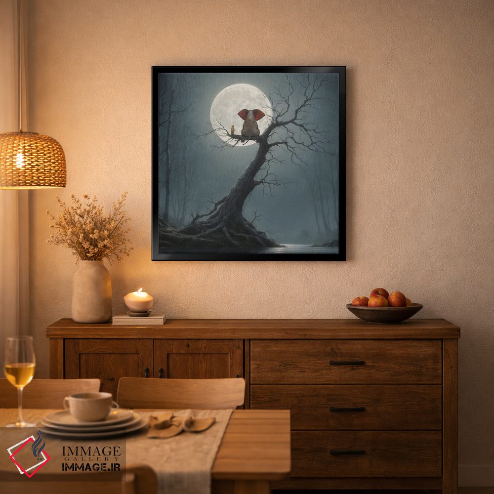 تابلو دکوراتیو فیل و سگ روی درخت نشسته و به ماه نگاه می کنند اثر مایک کیف - D3B