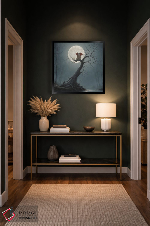 تابلو دکوراتیو فیل و سگ روی درخت نشسته و به ماه نگاه می کنند اثر مایک کیف - D6B