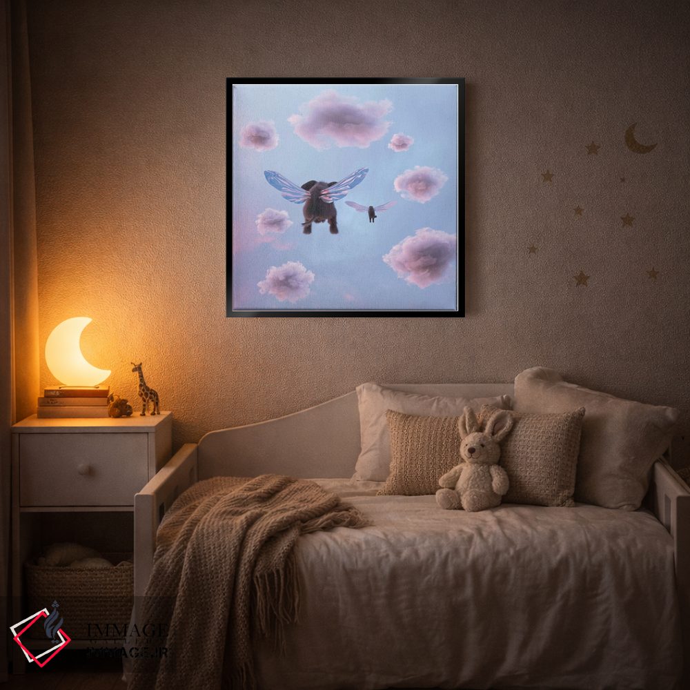 تابلو دکوراتیو فیل و سگ در آسمان پرواز می کنند اثر مایک کیف - D5B
