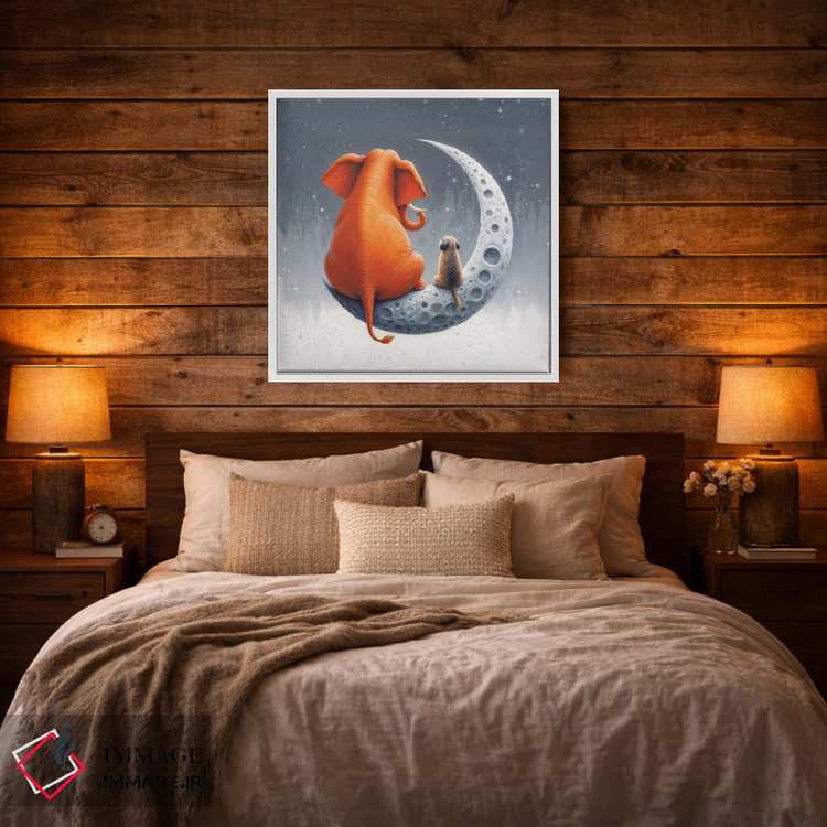 تابلو دکوراتیو فیل نارنجی و سگ روی ماه نشسته اند دوم اثر مایک کیف - D2W