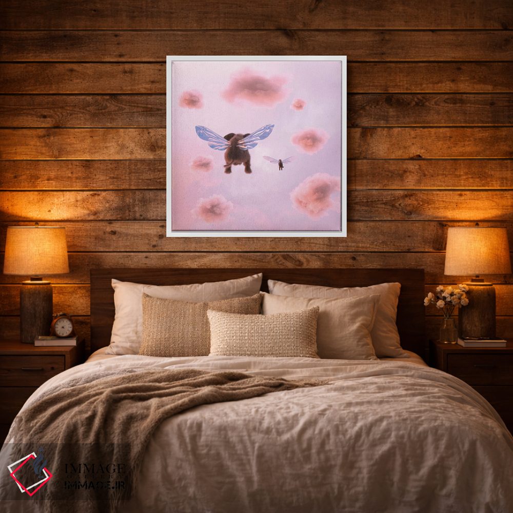 تابلو دکوراتیو فیل و سگ در میان ابرها پرواز می کنند اثر مایک کیف - D2W