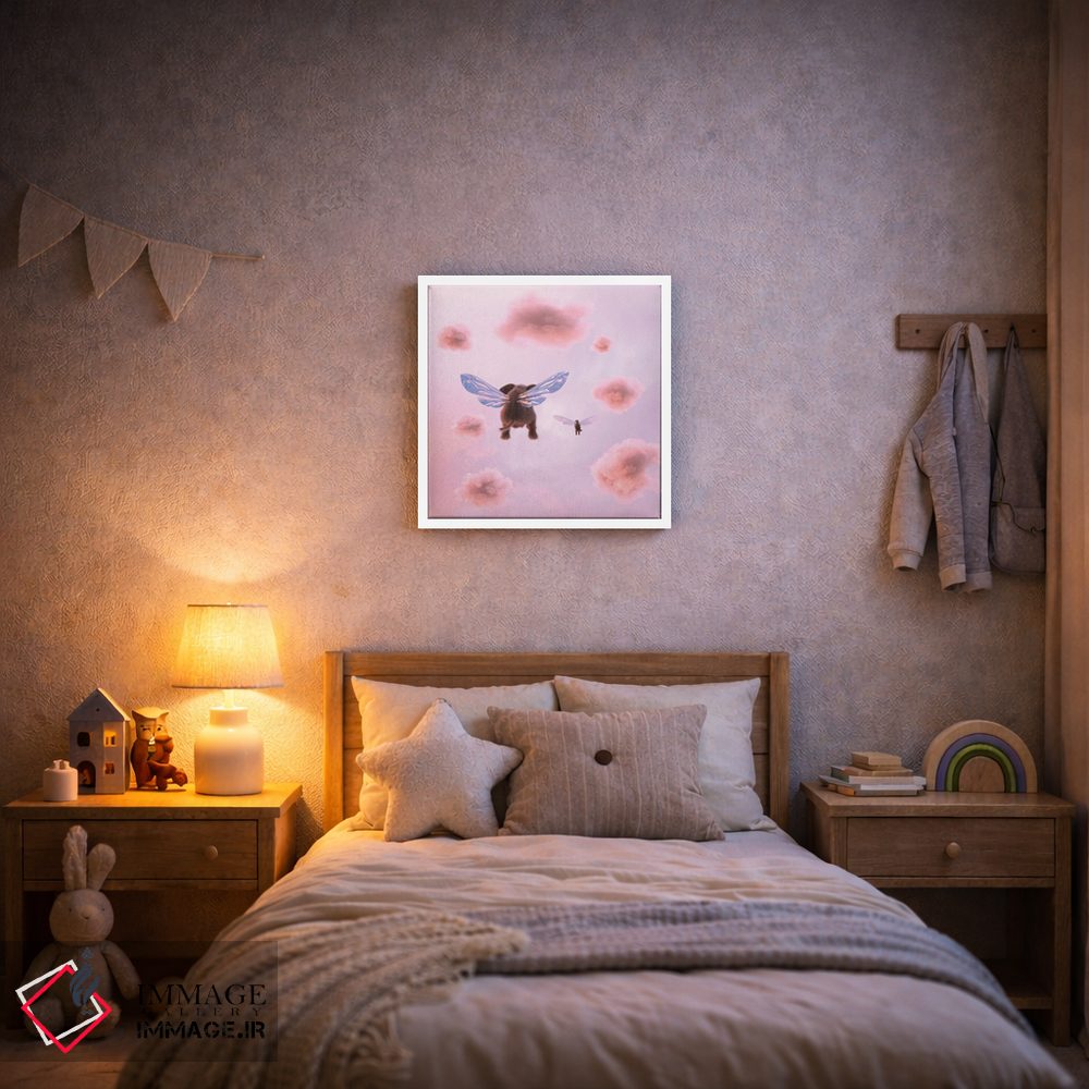 تابلو دکوراتیو فیل و سگ در میان ابرها پرواز می کنند اثر مایک کیف - D6W
