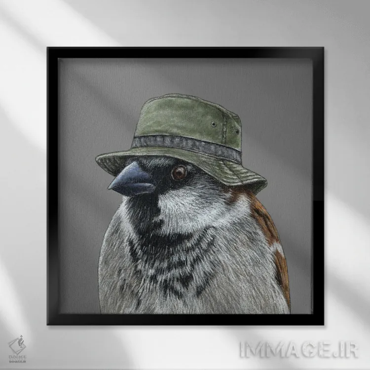 تابلو دکوراتیو گنجشک درختی ۵ اثر میخائیل ودرنیکوف - نمای قابدار مشکی