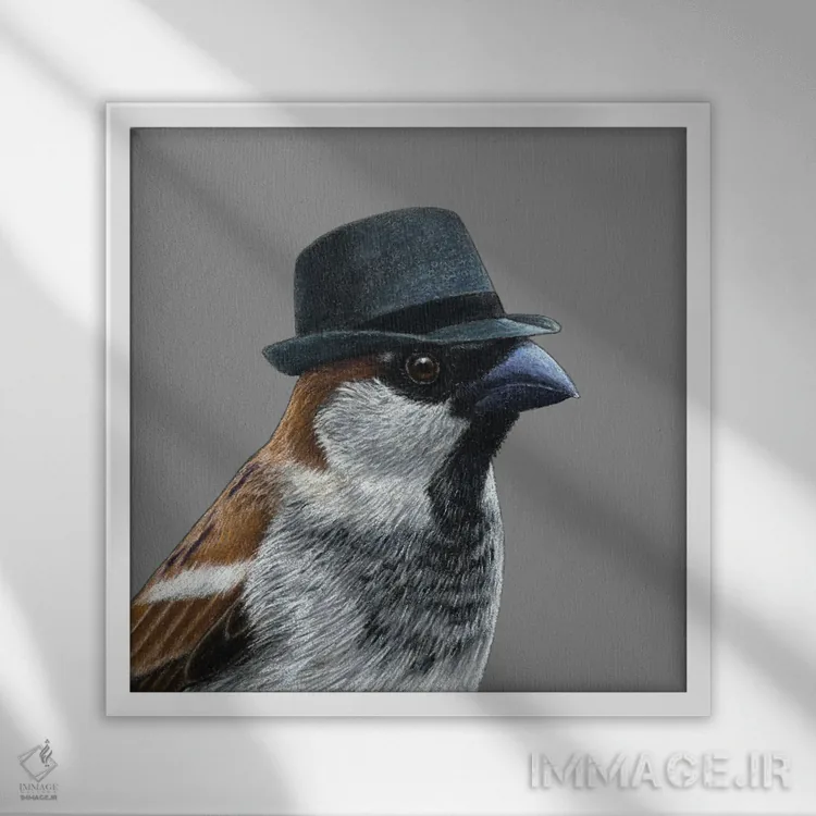 تابلو دکوراتیو گنجشک درختی ۶ اثر میخائیل ودرنیکوف - نمای قابدار سفید